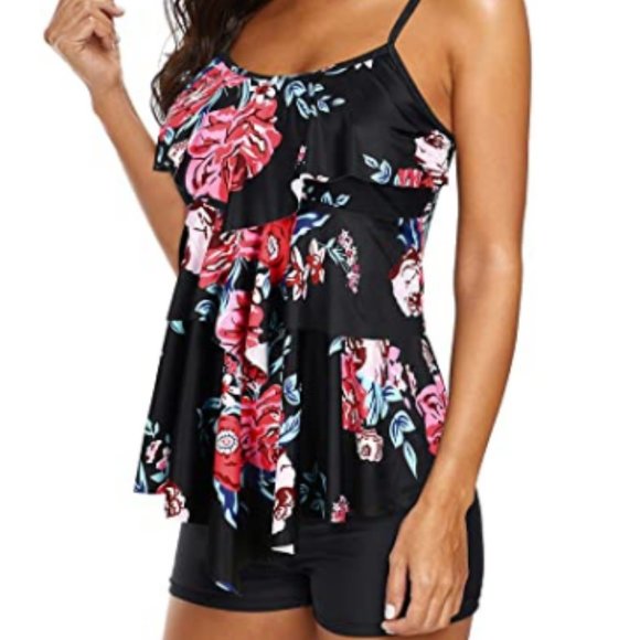Other - Black and Red Floral Print Two Piece Sporty Swimwear